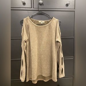 Brown ling sleeve sweater, holes down arms. Size medium.